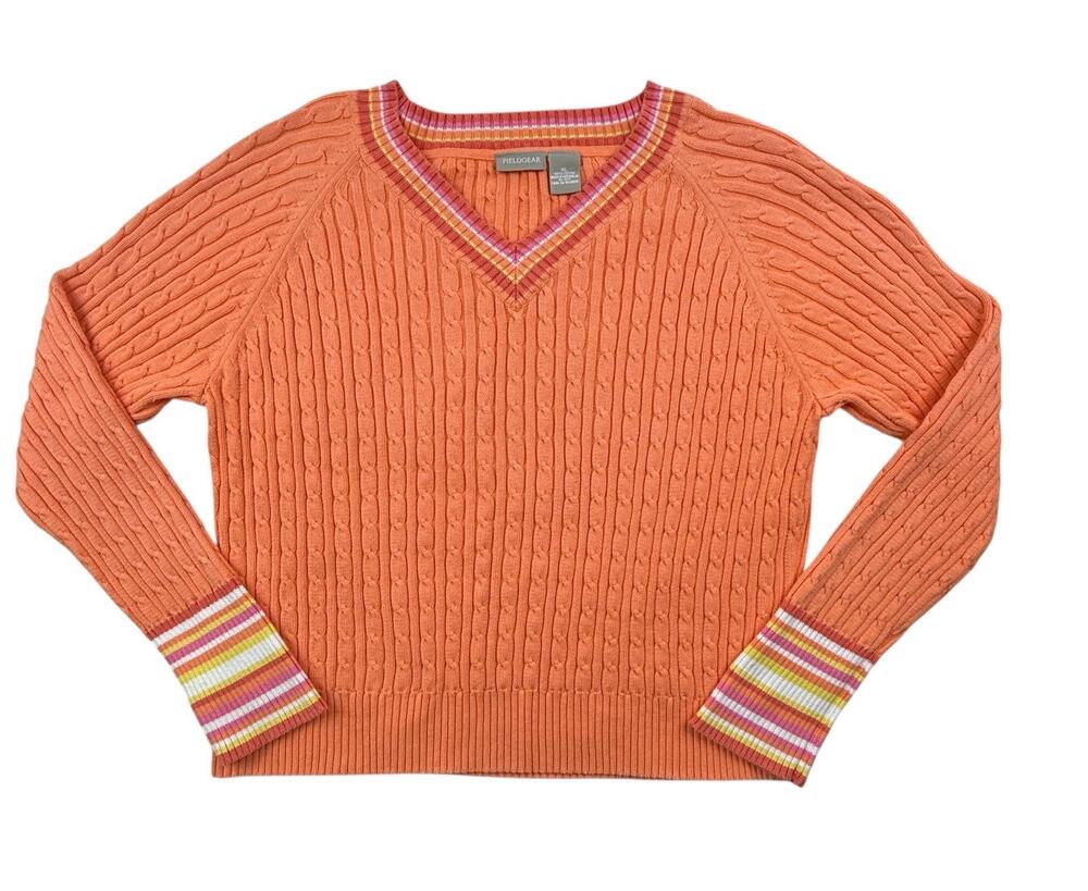 Field Gear Sweater Cable Knit Striped V-Neck Golf Preppy Tennis Women XL Orange